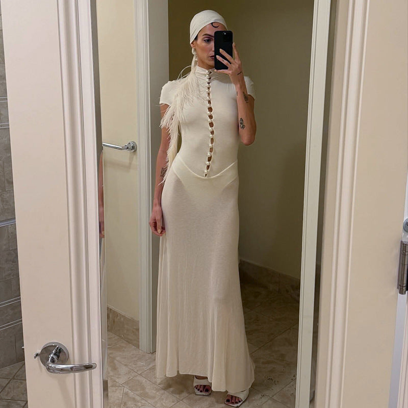 Mock Neck Cutout Bodycon Maxi Dress Short Sleeve