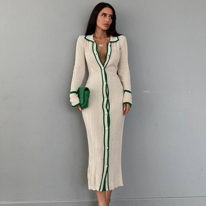 Colorblock Ribbed Button Front Maxi Dress