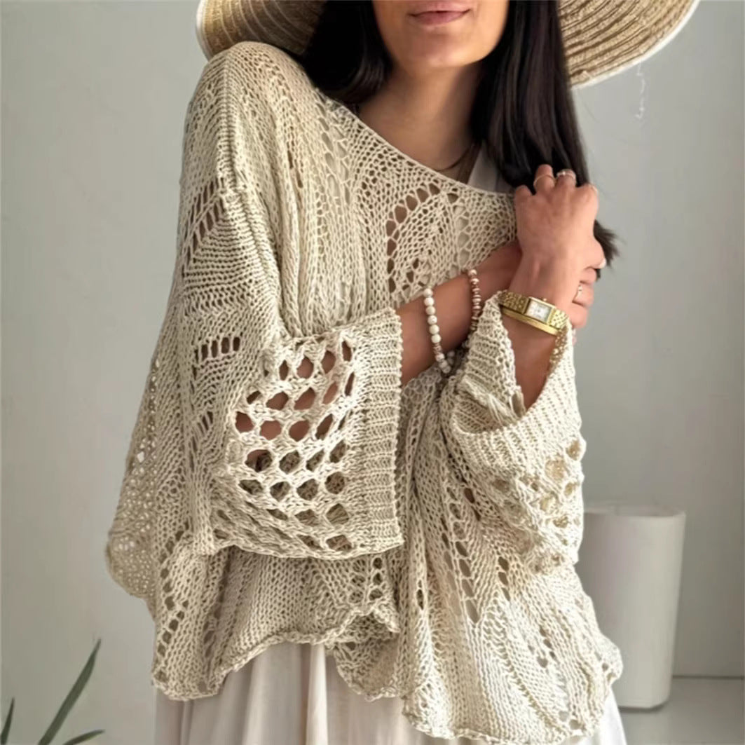 Women's Oversized Crochet Bell Sleeve Sweater Top