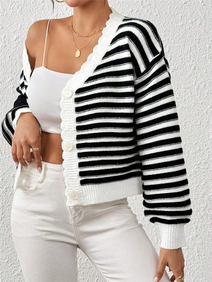Rainbow Striped V-Neck Balloon Sleeve Cardigan