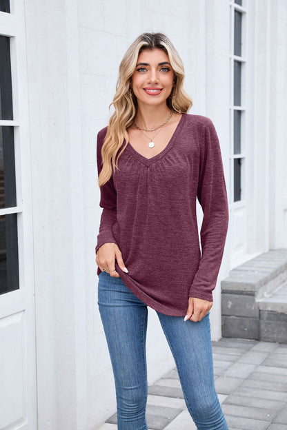 Women's Ruched V Neck Long Sleeve Loose Tunic Top