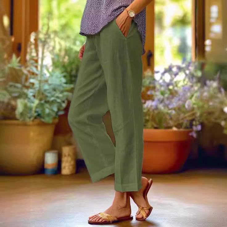 Women's Casual Straight Leg Cotton Linen Pants with Pockets