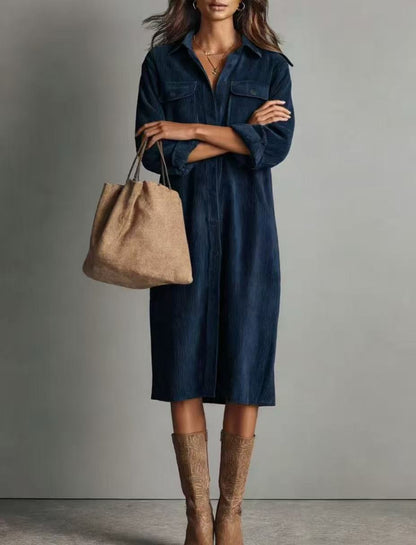 Corduroy Shirt Dress Womens Long Sleeve Midi Button Down