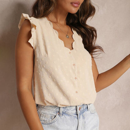 Solid V-Neck Flutter Sleeve Blouse Casual Everyday Top