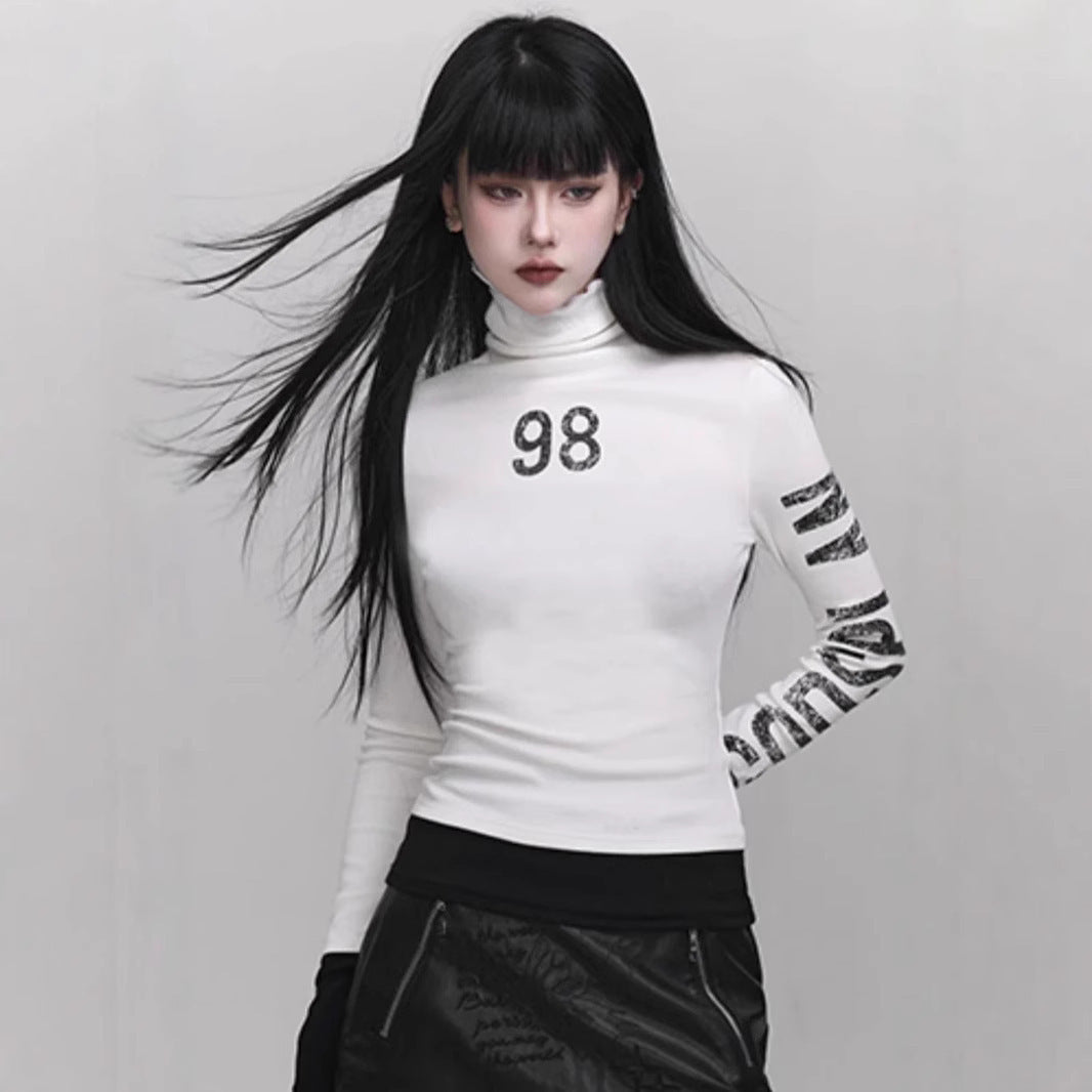 Women's Streetwear Graphic Turtleneck Slim Long Sleeve Top