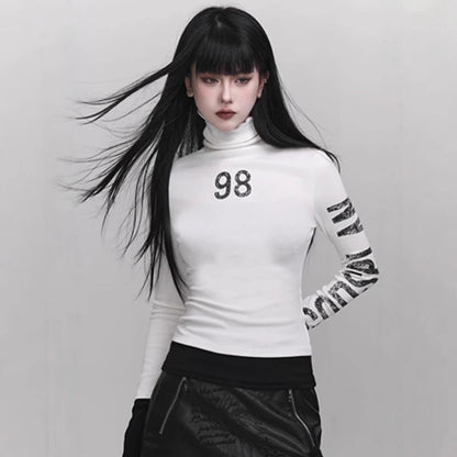 Women's Streetwear Graphic Turtleneck Slim Long Sleeve Top