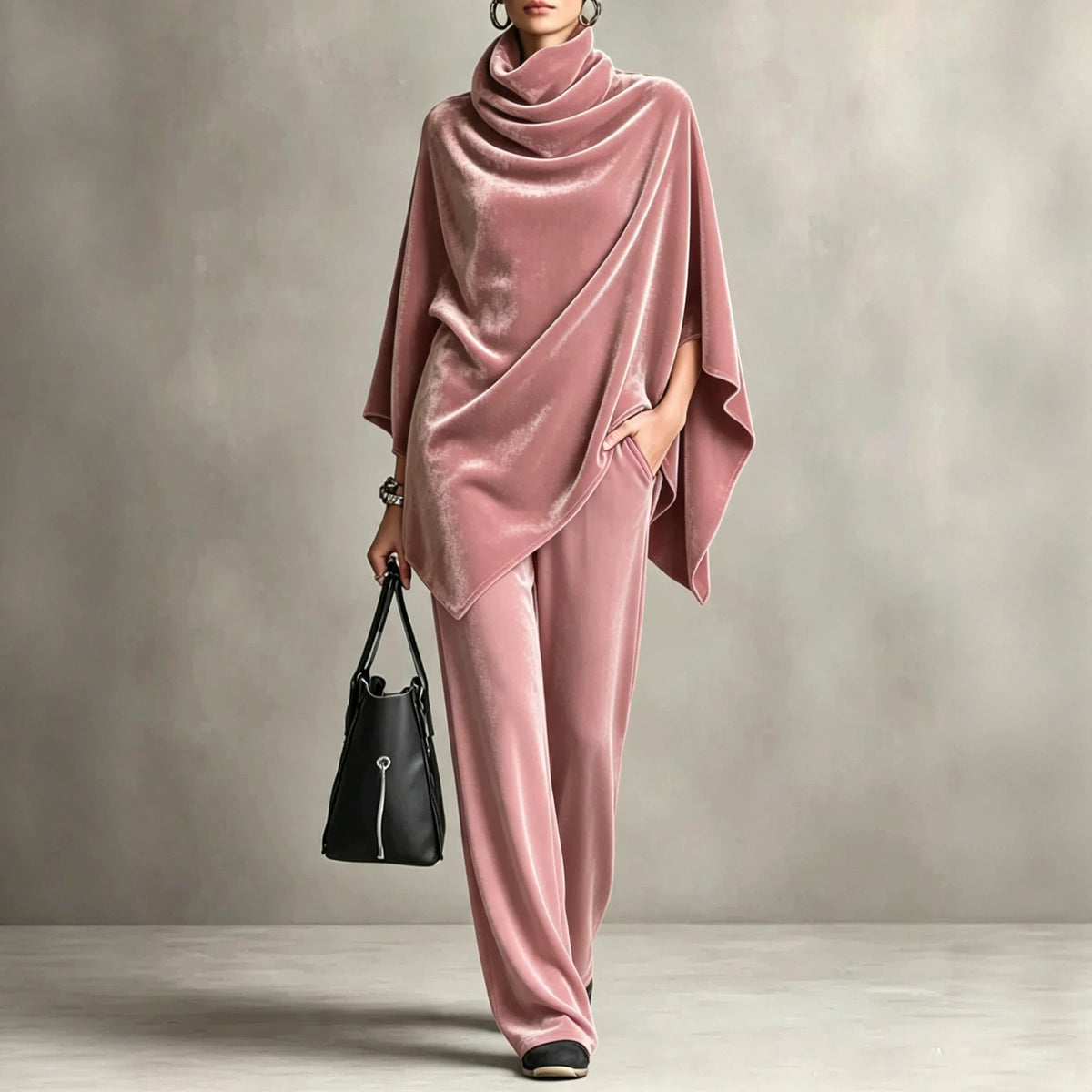 Women's Velvet Cowl Neck Poncho Wide Leg Pants Set