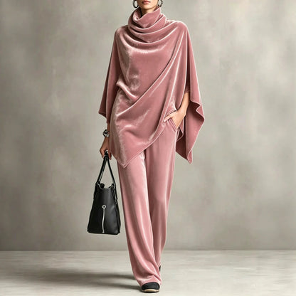 Women's Velvet Cowl Neck Poncho Wide Leg Pants Set