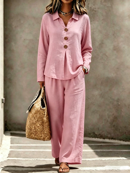 Womens Linen Button Shirt Wide Leg Pants Two Piece Set