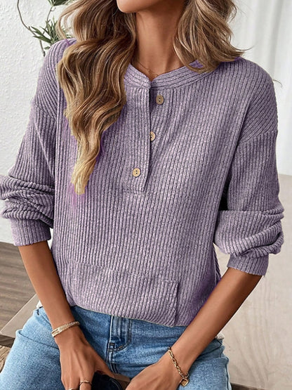 Women's Oversized Ribbed Henley Long Sleeve Top