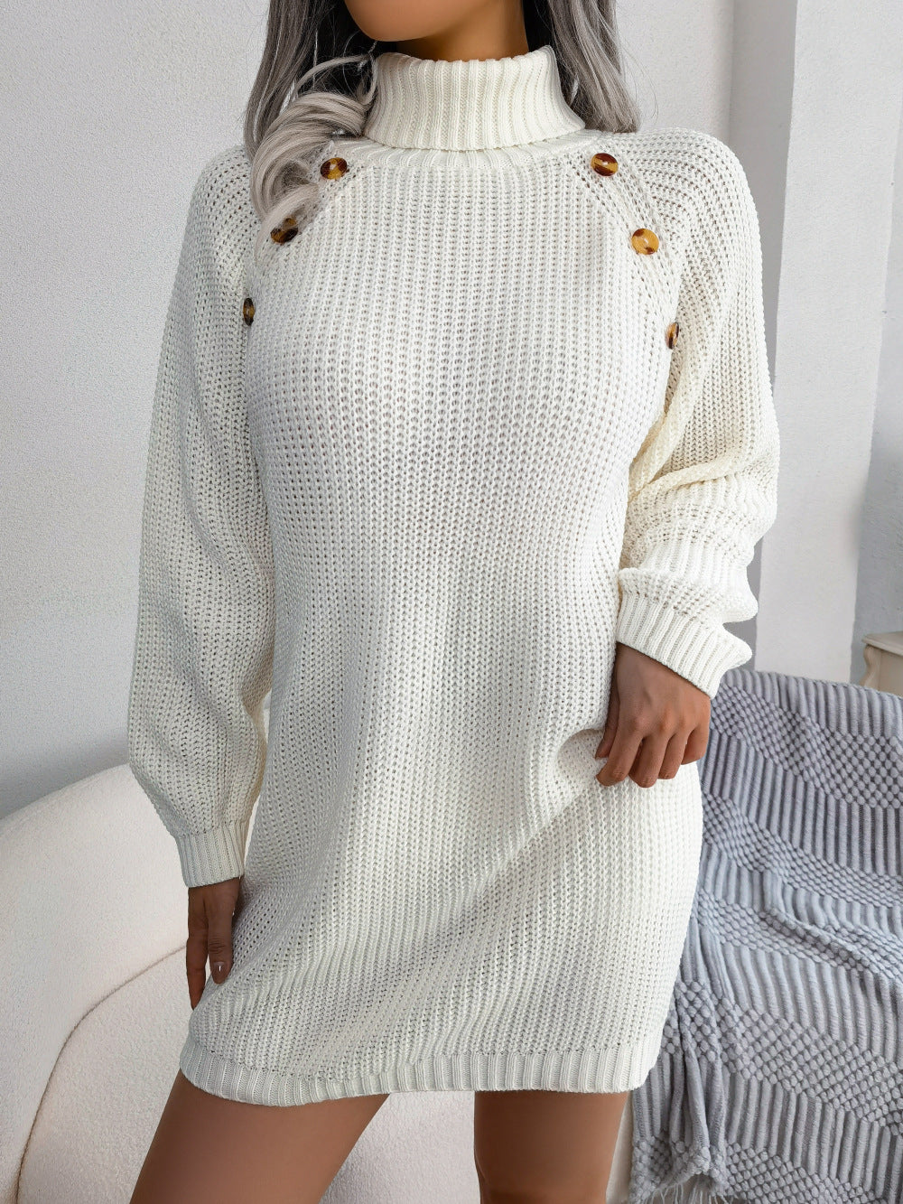 Button Detail Turtleneck Sweater Dress | Without Belt