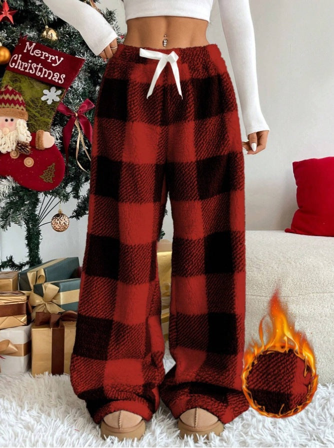 Cozy Plaid Wide Leg Pants Women Winter Drawstring Casual