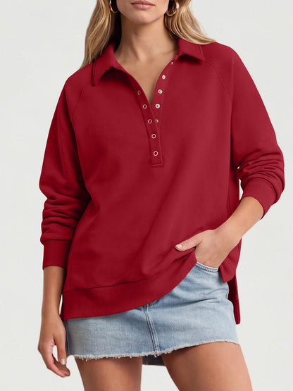 Women's Oversized Collared Button Pullover Sweatshirt