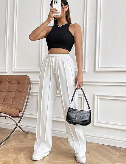 High Waist Cotton Wide Leg Drawstring Pants