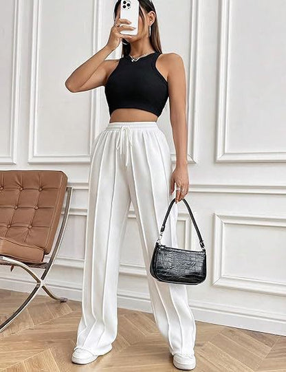 High Waist Cotton Wide Leg Drawstring Pants