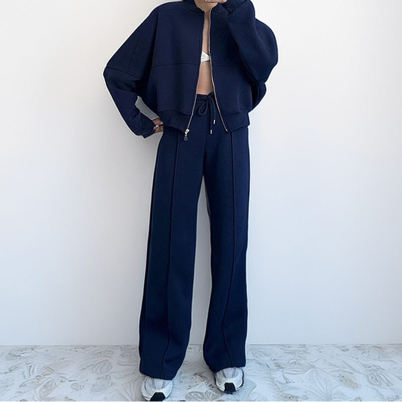 Solid Two Piece Lounge Set Zip Sweatshirt Wide Leg Pants