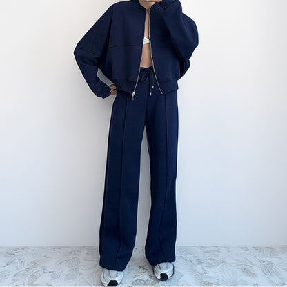 Solid Two Piece Lounge Set Zip Sweatshirt Wide Leg Pants