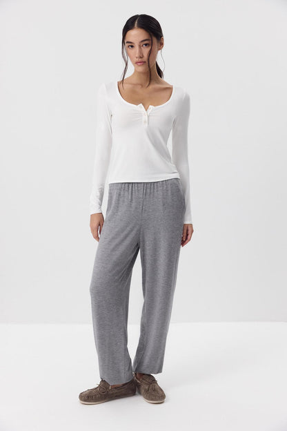 Women's Soft Modal U-Neck Button Fitted Long Sleeve Top