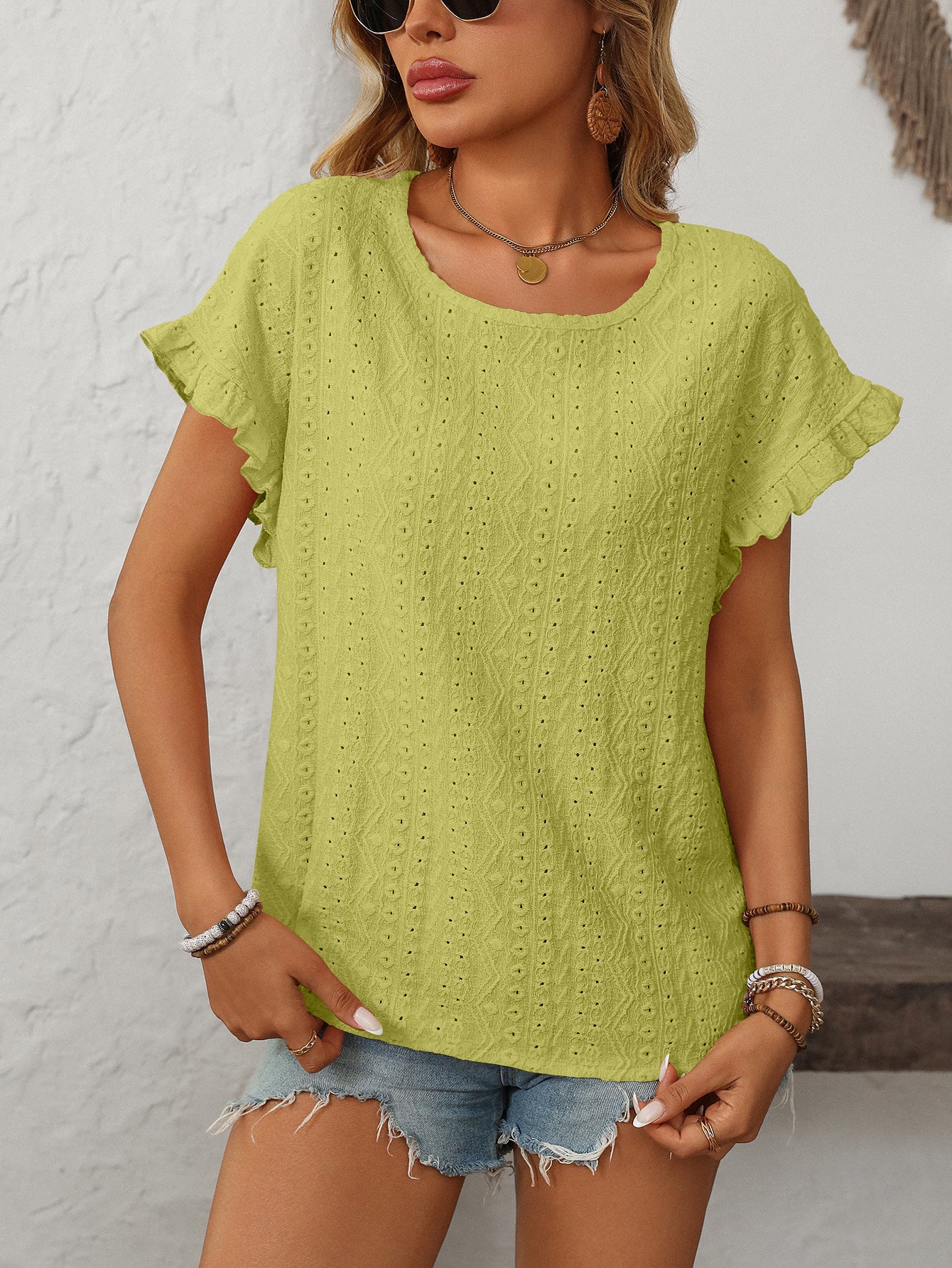 Women’s Eyelet Knit Crewneck Ruffle Sleeve Summer Top