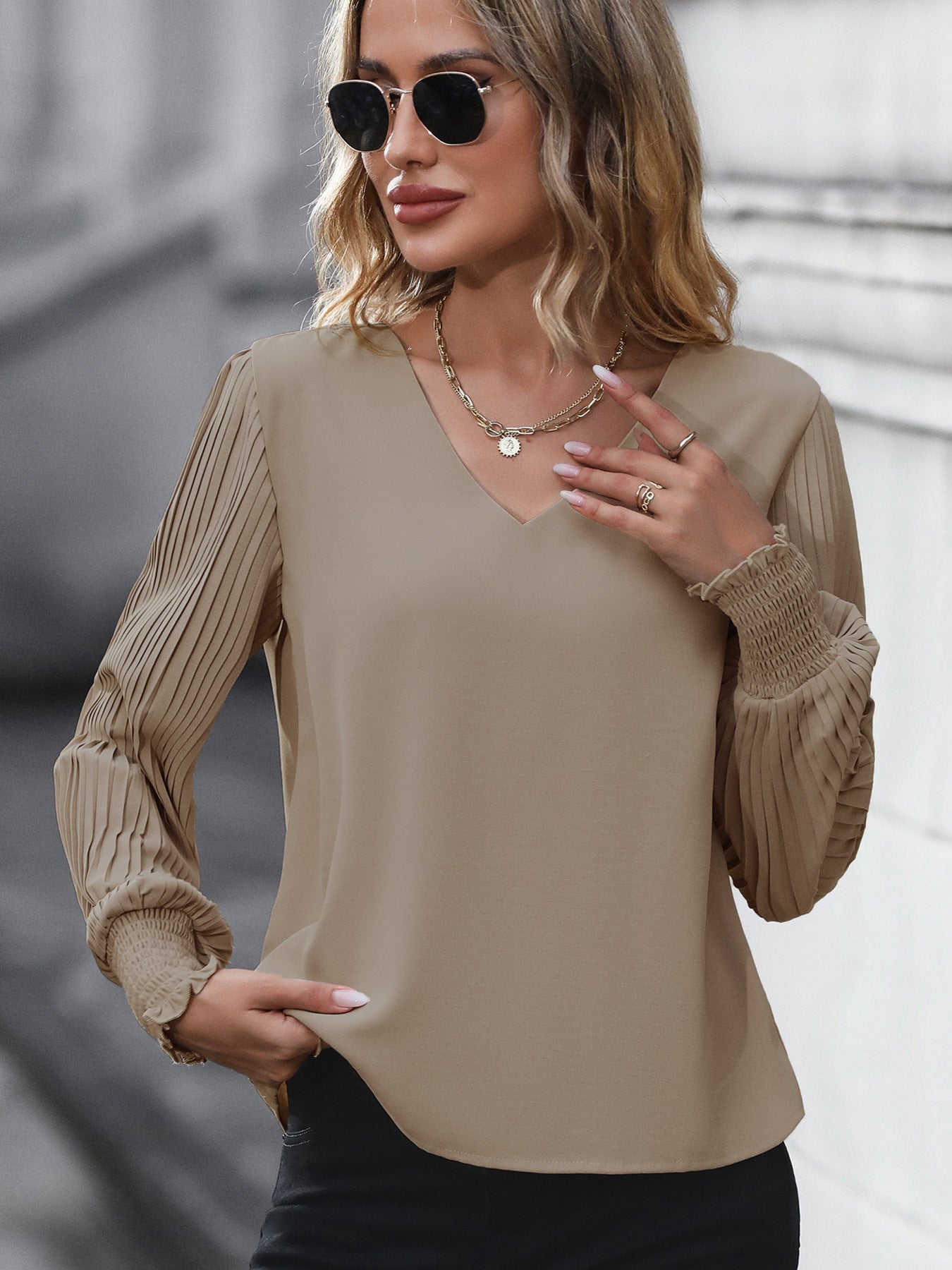 Solid V Neck Blouse Pleated Lantern Sleeve Work Top