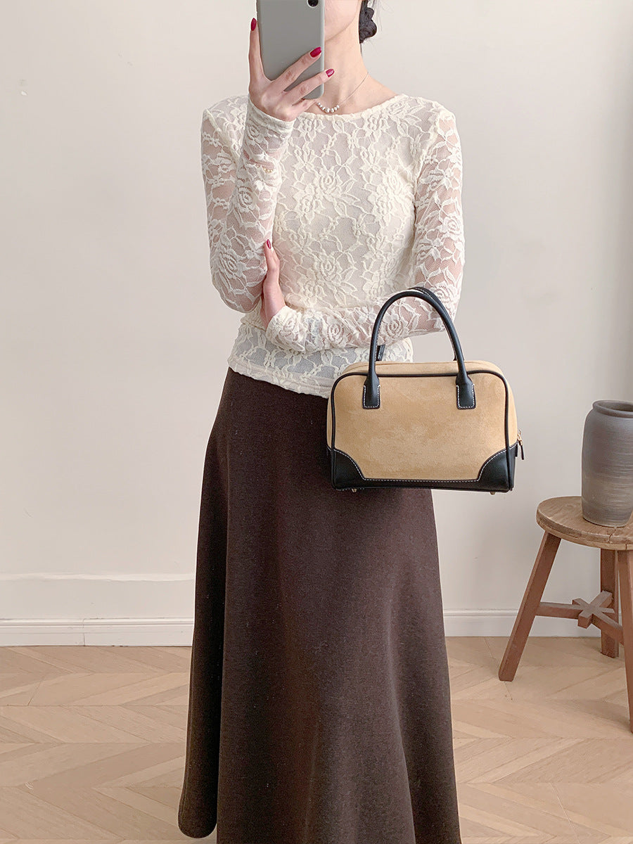 Sheer Lace Long Sleeve Top Fitted U Neck Blouse