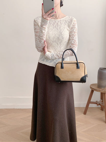 Sheer Lace Long Sleeve Top Fitted U Neck Blouse