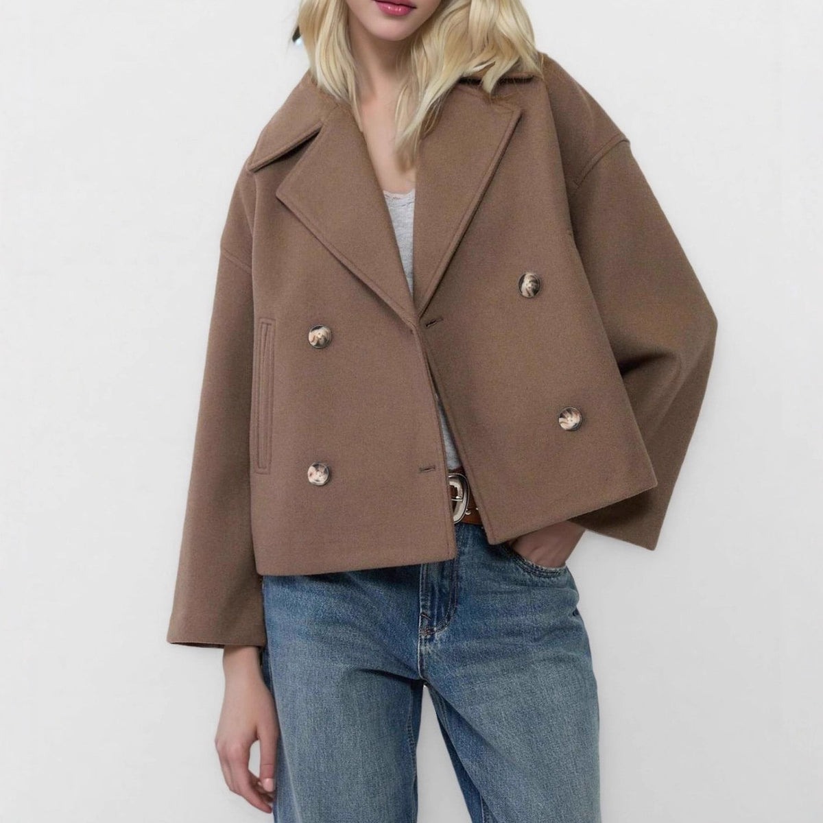 Women's Cropped Double Breasted Wool Coat Jacket