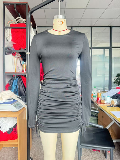 Ruched Long Sleeve Bodycon Mini Dress with Drawstring