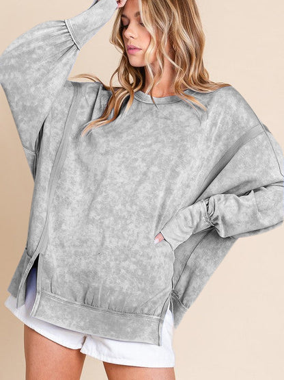 Acid Wash Oversized Sweatshirt Side Slit Drop Shoulder
