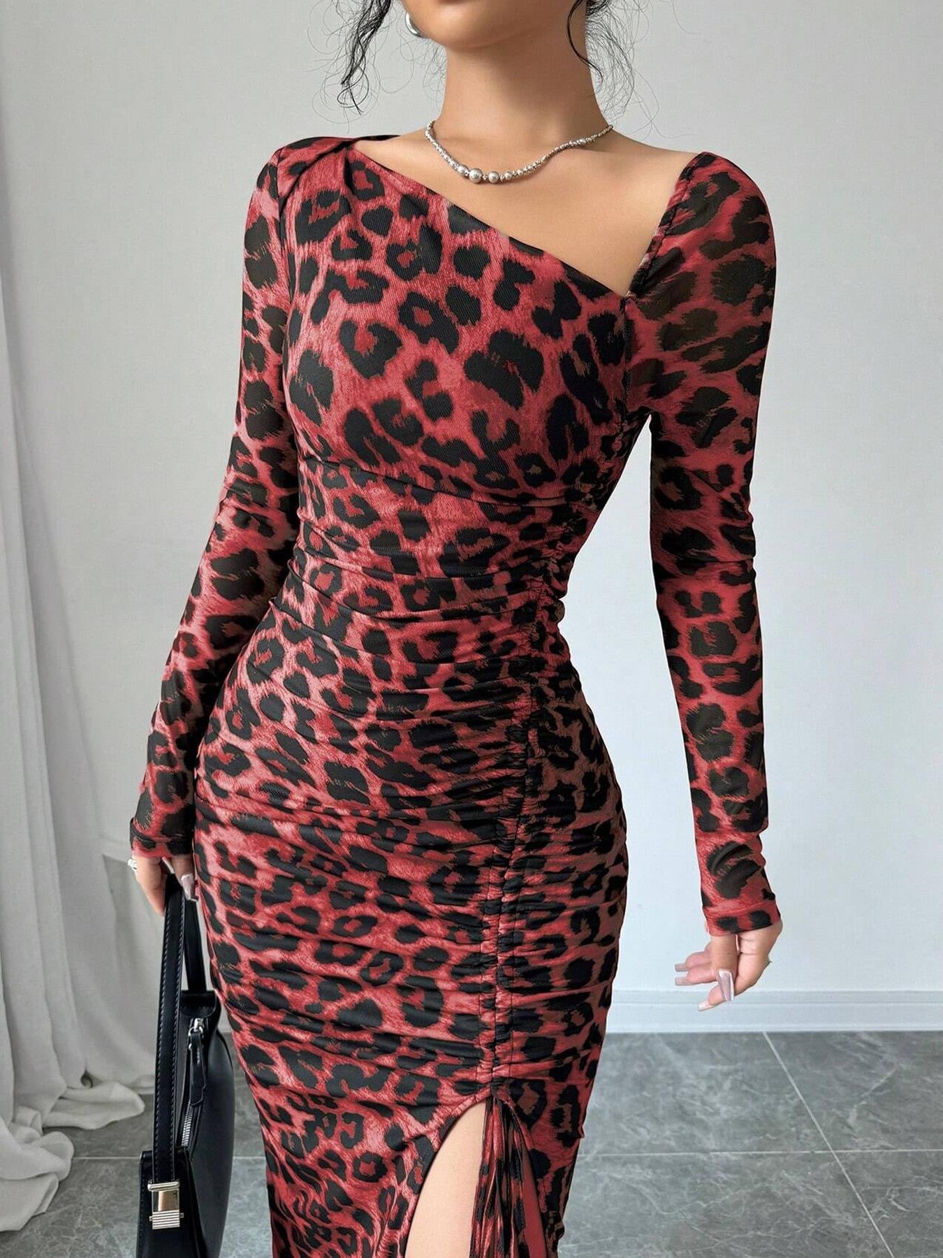 Leopard Mesh Asymmetrical Neck Ruched Bodycon Midi Dress