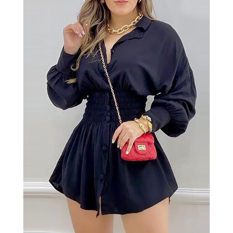 Women's Printed Smocked Waist Long Sleeve Shirt Dress