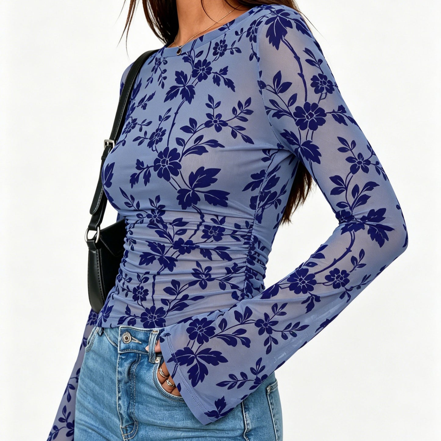 Flocked Floral Long Sleeve Slim Fit Crewneck Top for Women