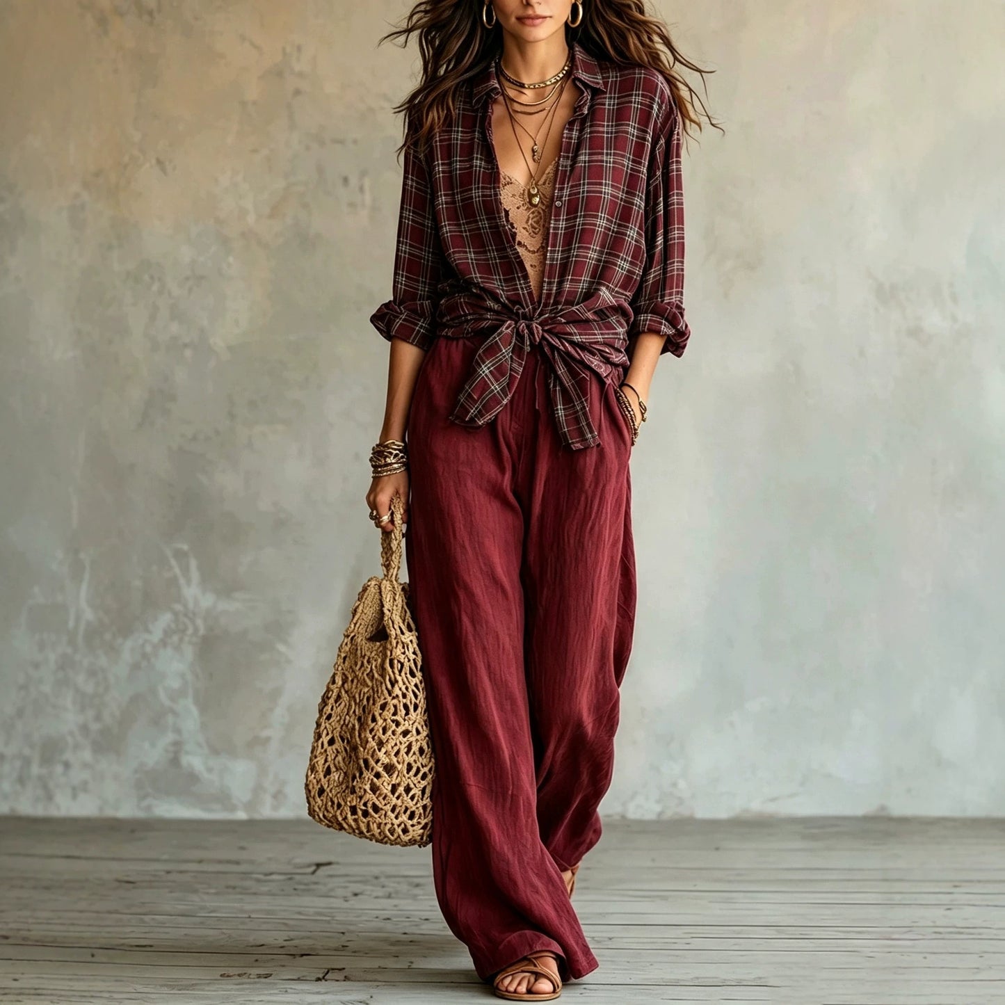 Women's Plaid Shirt & Wide Leg Pants Matching Set