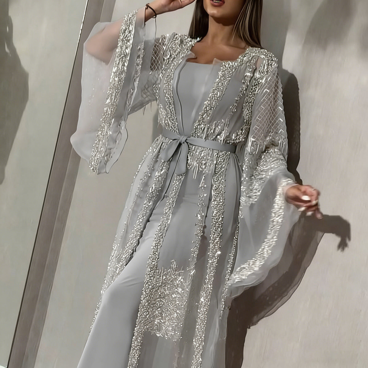 Sequin Evening Gown with Cape Sleeve