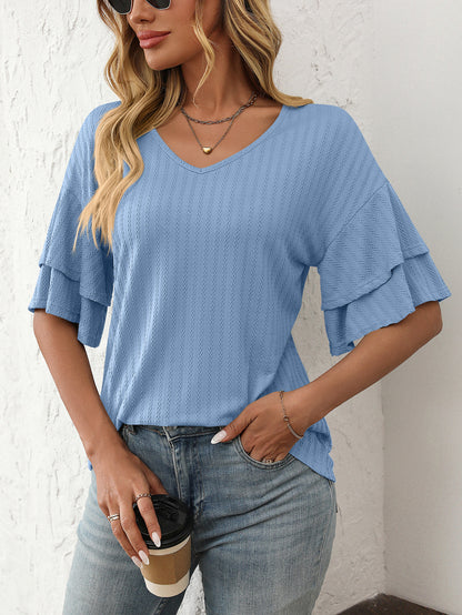 V-Neck Lotus Leaf Sleeve Women’s T-Shirt Top