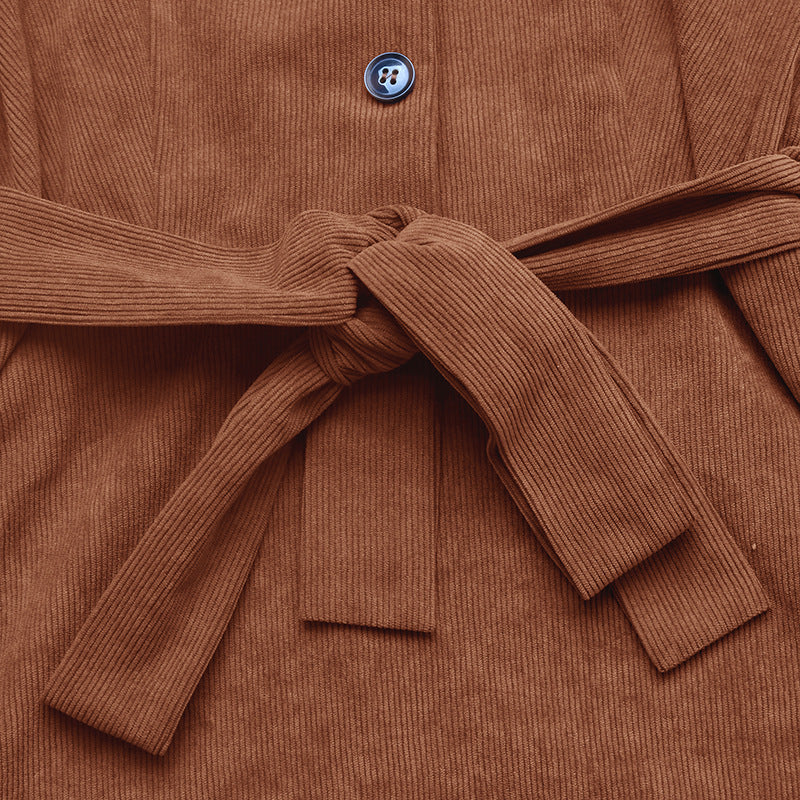 Corduroy V Neck Belted Button Front Midi Dress