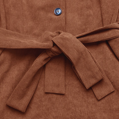 Corduroy V Neck Belted Button Front Midi Dress