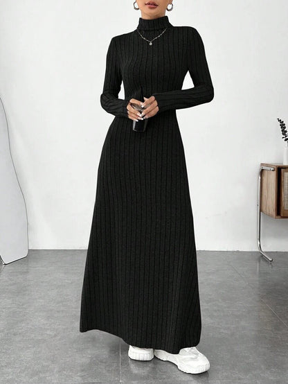 Ribbed Turtleneck Long Sleeve Maxi Sweater Dress