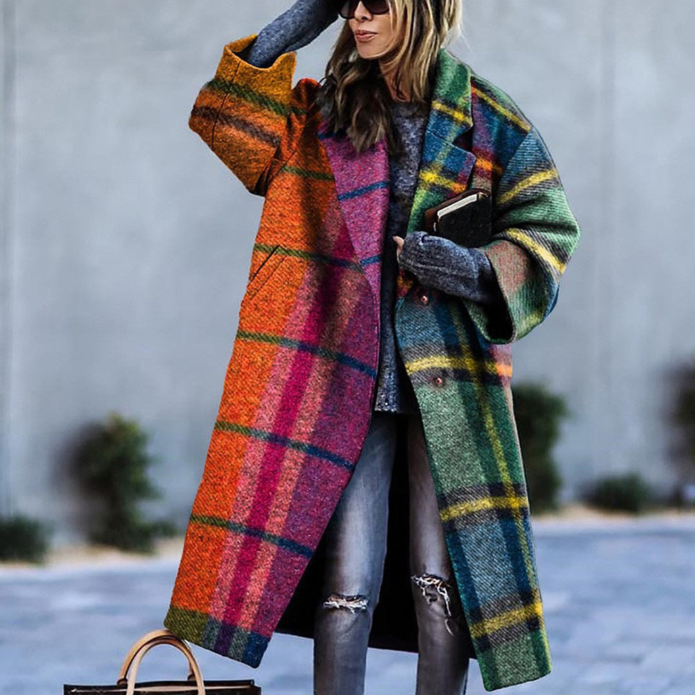 Women's Oversized Long Plaid Printed Coat Jacket