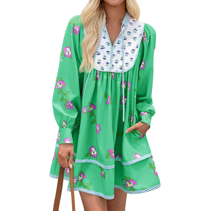 Boho Floral V-Neck Long Sleeve Flowy Mini Dress