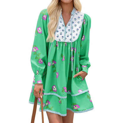 Boho Floral V-Neck Long Sleeve Flowy Mini Dress