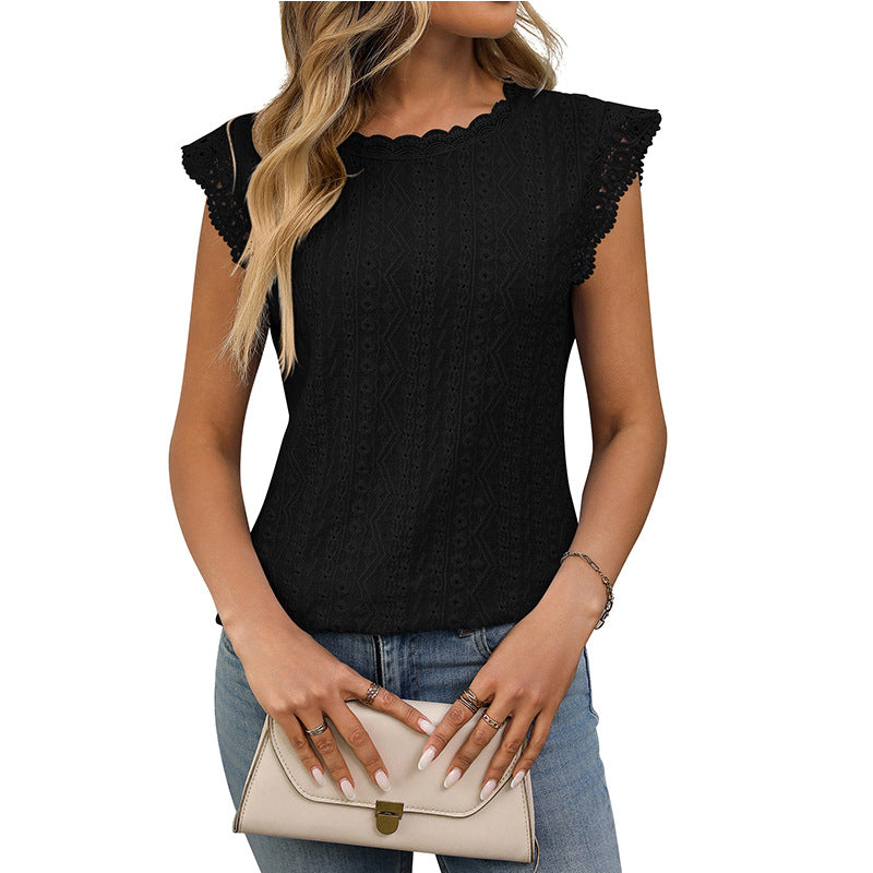 Women's Sleeveless Lace Knit Top – Crew Neck Hollow Out Summer Blouse