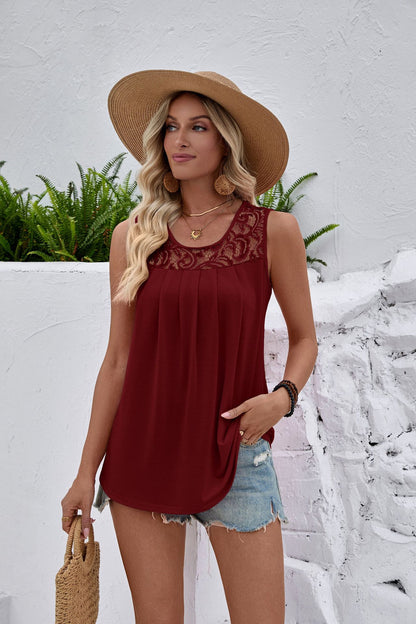 White Lace Yoke Sleeveless Pleated Loose Fit Tank Top