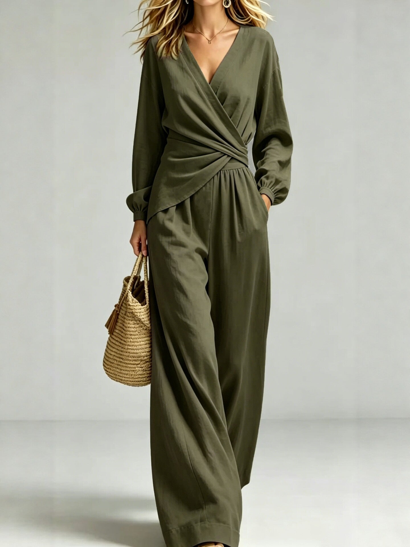 V Neck Wrap Top Wide Leg Pants Two Piece Set