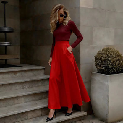 Women's High Waist A-Line Maxi Skirt with Pockets Plus Size