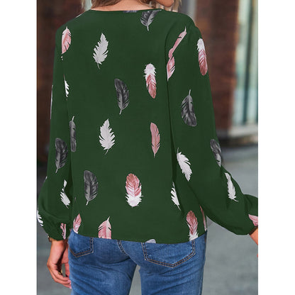Feather Print V Neck Chiffon Blouse Long Sleeve Top