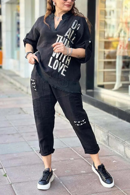 Women's Oversized Linen Graphic Half Sleeve Pants Set