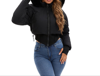 Women's Faux Fur Hood Cropped Cinch Waist Puffer Jacket