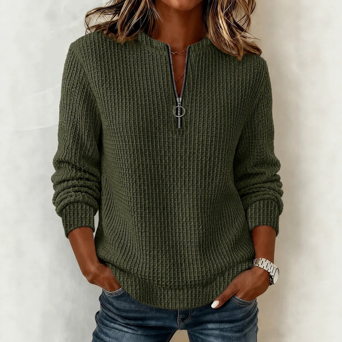 Women's Waffle Knit Half Zip Pullover Sweatshirt Top
