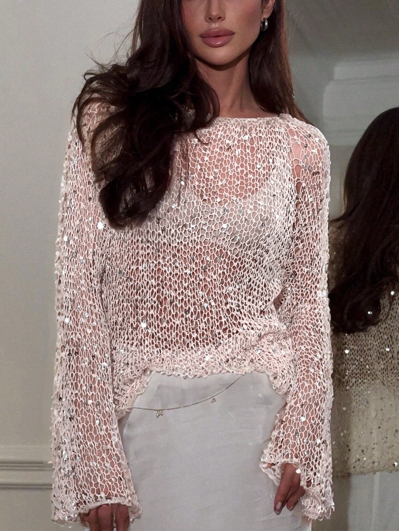 Women's Sequin Sheer Mesh Oversized Sweater Top